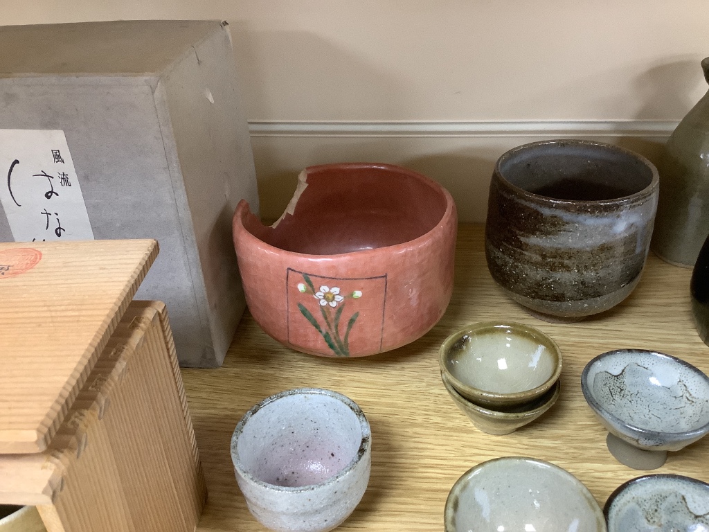 A Satsuma miniature cup and saucer and a collection of Japanese Studio pottery, some signed